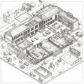Isometric architectural drawing of a school complex featuring Royalty Free Stock Photo