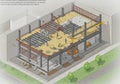 Isometric architectural rendering of a building construction site. The structure is Royalty Free Stock Photo