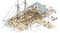 Isometric View of Shipbuilding and Construction Project with Workers Royalty Free Stock Photo