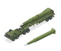 Isometric Army tractor with a rocket. Medium Range Ballistic Missile. Conventional high explosive-unitary, penetration Royalty Free Stock Photo