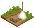 Isometric Army tractor with a rocket. Medium Range Ballistic Missile. Conventional high explosive-unitary, penetration