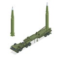 Isometric Army tractor with a rocket. Medium Range Ballistic Missile. Conventional high explosive-unitary, penetration Royalty Free Stock Photo