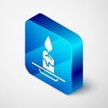 Isometric Aroma candle icon isolated on grey background. Blue square button. Vector