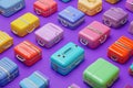 Colorful Hard Shell Suitcases Arranged on Purple Backdrop, Isometric Travel Baggage Theme Royalty Free Stock Photo