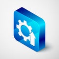 Isometric Arrow growth gear business icon isolated on grey background. Productivity icon. Blue square button. Vector