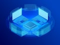 Isometric Artificial Intelligence, big data processing, energy station of future, futuristic data visualization, space