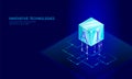 Isometric artificial intelligence business concept. Blue glowing isometric personal information data connection future