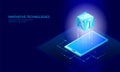 Isometric artificial intelligence business concept. Blue glowing isometric personal information data connection pc