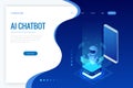 Isometric Artificial Intelligence. Chatbot and future marketing. AI and business IOT concept. Dialog help service