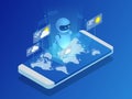Isometric Artificial intelligence shows the weather in the world on smartphone. Artificial intelligence business concept