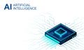 Isometric Artificial intelligence web banner. 3D isometric illustration of a processor chip. The process of data processing Royalty Free Stock Photo