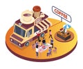 Coffee Food Truck Isometric Artwork where people are enjoying coffee with their friends.