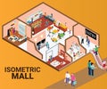 Isometric Artwork Concept of a interior of a mall shops where people are buying stuff/ Royalty Free Stock Photo