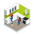 Isometric assembly of kitchen of furniture in the studio apartment concept. Repairman in overalls repairing cabinet