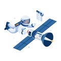 Isometric Astronaut in Space Suit Repair Broken Satellite
