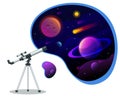 Isometric astronomical observatory dome. Astronomical telescope tube and cosmos. Astronomer looking through telescope on Royalty Free Stock Photo