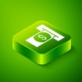 Isometric ATM - Automated teller machine and money icon isolated on green background. Green square button. Vector Royalty Free Stock Photo