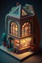 Isometric atmospheric retro bookstore on black background,