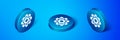 Isometric Atom icon isolated on blue background. Symbol of science, education, nuclear physics, scientific research