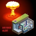 Isometric atomic bomb explosion and underground bunker, concrete bomb shelter, air-raid shelter. Underground bomb