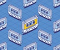 Isometric Audio Cassette Tape Seamless Pattern. Outline Music Concept