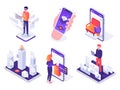 Isometric augmented reality smartphone. Mobile AR platform, virtual game and smartphones 3d navigation vector concept Royalty Free Stock Photo