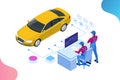 Isometric auto repair service station. Workers in car service tire service and car repair vector illustration