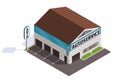 Isometric auto service. Car service top view concept. Repair service template with garage doors. Modern building with