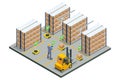 Isometric automated warehouse robots. Modern logistics center. Automated warehouse. Autonomous robot transportation in