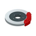 Isometric Automobile braking system. Aeration steel brake disk with perforation and red six pistons calipers and pads