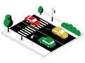 Isometric automobile traffic. Cartoon city road. Cars moving in opposite directions. Part of highway and lights and