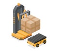 Isometric autonomous robot forklift working with AMR mobile robot. Smart warehouse automation and AI logistics concept. Royalty Free Stock Photo