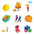 Isometric Autumn icon and objects set for design pumpkin, thermometer, woman with an umbrella in the rain, children with Royalty Free Stock Photo