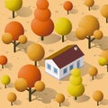 Isometric autumnal city with houses and streets with trees