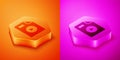 Isometric AVI file document. Download avi button icon isolated on orange and pink background. AVI file symbol. Hexagon Royalty Free Stock Photo