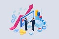 Isometric B2B sales method. Partners shaking hands. Successful entrepreneurs. Data and key performance indicators for