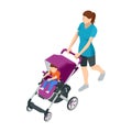 Isometric baby carriage isolated on a white background. Kids transport. Strollers for baby boys or baby girls. Woman