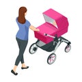 Isometric baby carriage isolated on a white background. Kids transport. Strollers for baby boys or baby girls. Woman Royalty Free Stock Photo