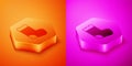 Isometric Baby socks clothes icon isolated on orange and pink background. Hexagon button. Vector