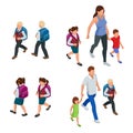 Isometric Back to School. Parents with their children schoolchildren.