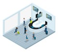 Isometric baggage claim hall after flight, international airport, business ladies