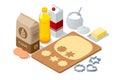 Isometric baking pastry cakes, muffins, tarts, with cooking baking ingredients, flour, eggs, milk and sugar. Homemade