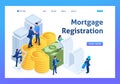 Isometric Bank employees draw up a mortgage loan, businessmen. Landing page concepts and web
