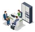 Isometric bank office. Bank employees sitting behind tables and serving bank customers. Financial center modern