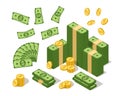 Isometric banknotes and coins. US currency dollars and golden coin, cartoon cash with american bucks symbol. Investment