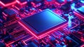 In this isometric banner, a futuristic microchip CPU with blue lights and effects represents database and processing