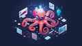 An isometric banner for social media automation. An Octopus robot holding business attributes and graphs.