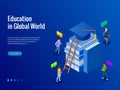 Isometric banner for web Education in Global world, online learning concept. Books step education. Vector illustration.