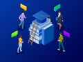 Isometric banner for web Education in Global world, online learning concept. Books step education. Vector illustration.