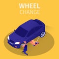 Isometric Banner Wheel Change Service in Garage